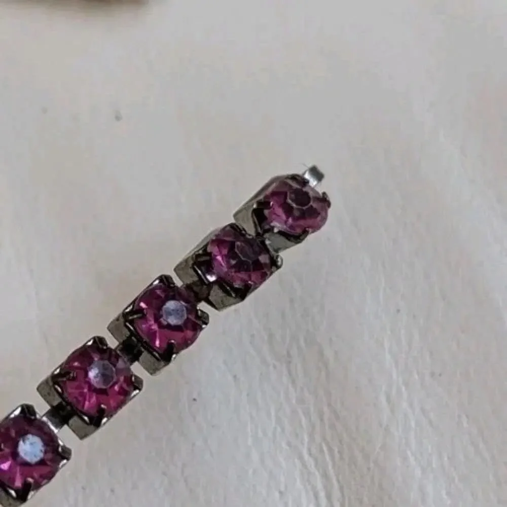Vtg Pink Purple Rhinestone Bar Pin Hair Clip Czech Glass Silver Tone Prong Set